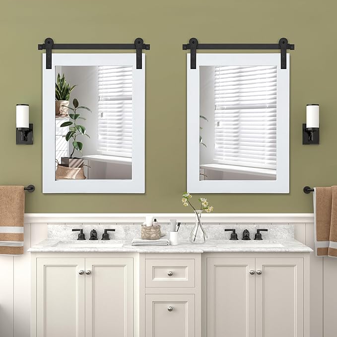 COGOOD Farmhouse Barn Door Mirror - 21 x 30 Rustic Wood Framed Wall Mirror for Bathroom, Living Room, Entryway Wall Decor (Pure White)