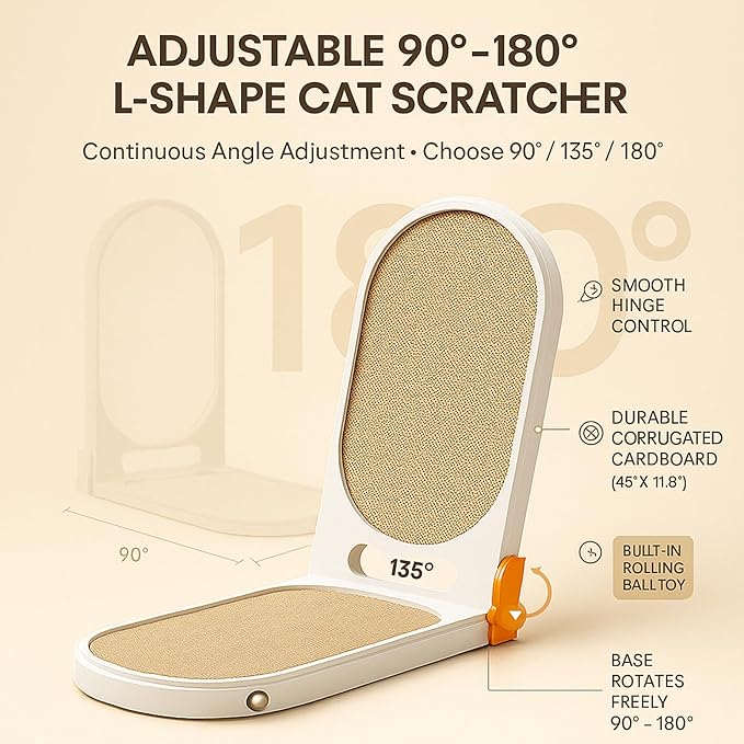 Extra Large 45" L Shaped Cat Scratcher with Ball Toy, Cat Scratch Pad for Indoor Cats, Durable Cardboard Cat Scratching Board & Couch Furniture Protector, Modern Cat Scratching Post for Cats