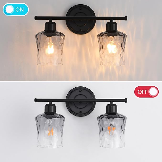 Modern 2-Light Bathroom Vanity Light Fixtures, Black Bathroom Lights Over Mirror with Grey Glass Shade, E26 Glass Wall Sconce for Kitchen, Bedroom, Hallway, Living Room