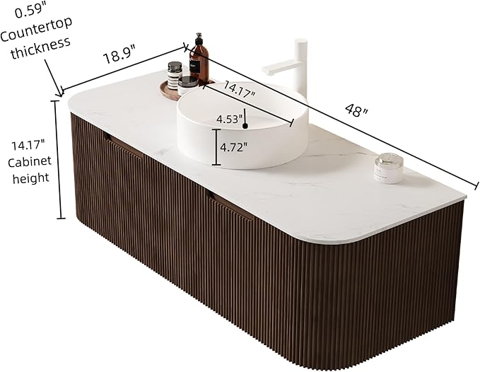 KEIKI 48" Floating Bathroom Vanity with Sink, Modern Wall Vanity Cabinet with Curved Edge Design, 2 Soft-Close Drawers & White Ceramic Vessel Basin, Pre-Assembled Bathroom Vanity, Walnut