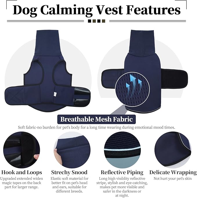 ROZKITCH Jacket for Dogs, Anxiety Calming Vest for Dogs, Breathable Pet Shirt for Separation, Fireworks & Travel, Comforting Wrap NavyBlue L