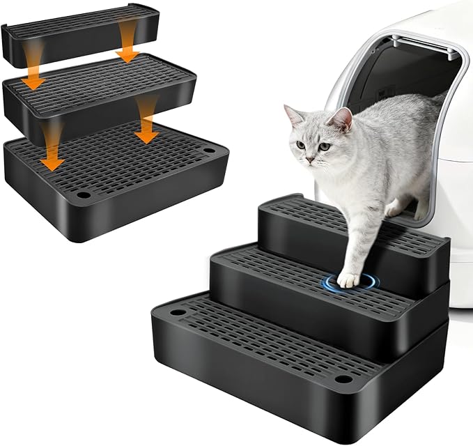 Adjustable 3 Steps Cat Ramp for Litter Box, Detachable Cat Pedal Step Stool with Filter Function, Double Layered Cats Litter Trapper, Suitable for Small&Elderly Cats, Non-Slip(Black)