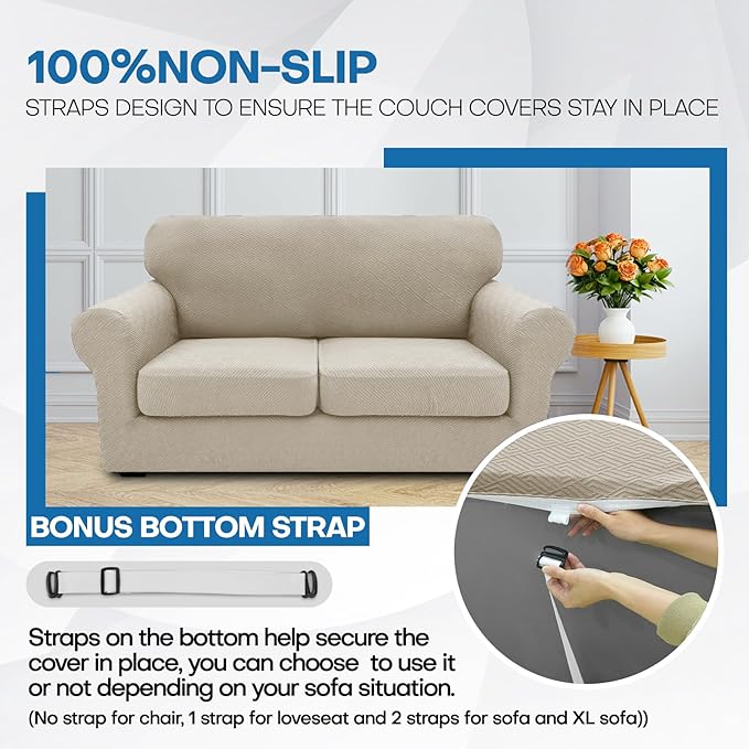 XINEAGE 2025 New 2 Pieces Chair Covers with Arms Super Stretch Chair Slipcover for Living Room Pet Dog Universal Slip Cover Anti Slip Armchair Furniture Protector (Khaki), 31"-46"(1 Cushion)