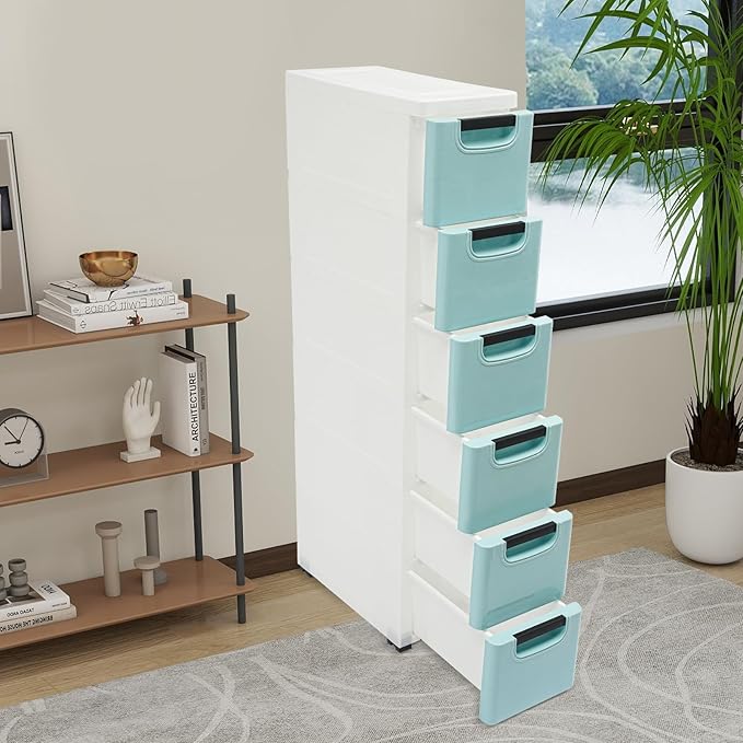 6 Drawers Plastic Storage Cabinet, Mobile Slim Utility Cart on Wheels, for Narrow Space Office Classroom Bedroom Bathroom (Blue)
