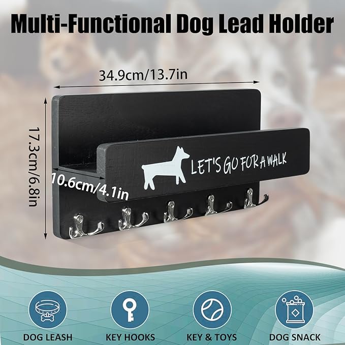 Wood Dog Leash Holder for Wall, Key Hangers with 5 Double Key Hooks, Dog Leash Hanger Wall Mounted for Entryway, Farmhouse Treats,35cm,Black