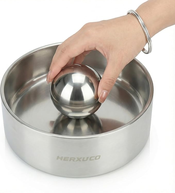 Stainless Steel Dog Slow Feeder – 2-in-1 Pet Bowl 64oz & Slow Feeder Ball 3.6in – Spherical Design Slows Eating & Use Separately or Together (Large)