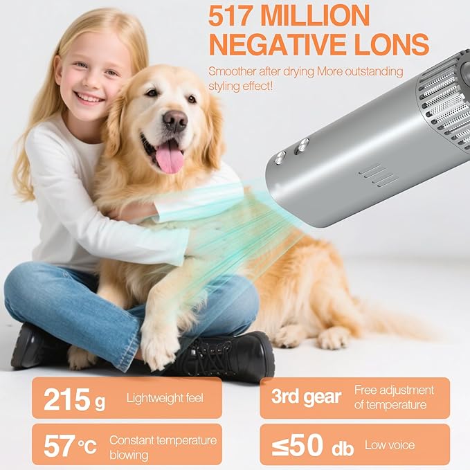 Hands-Free Pet Hair Dryer with Low Noise High Speed 1400W Brushless Motor 80m/s Airflow Speed 40db Volume for Pet