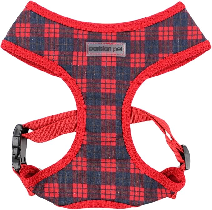 Parisian Pet Dog Harness - Adjustable Plaid Red Dog Vest Harness - 100% Mesh Fabric No Pull Puppy Harness - Cooling Dog Harness for Large Dogs - Idle for Walking, Running, and Hiking - L