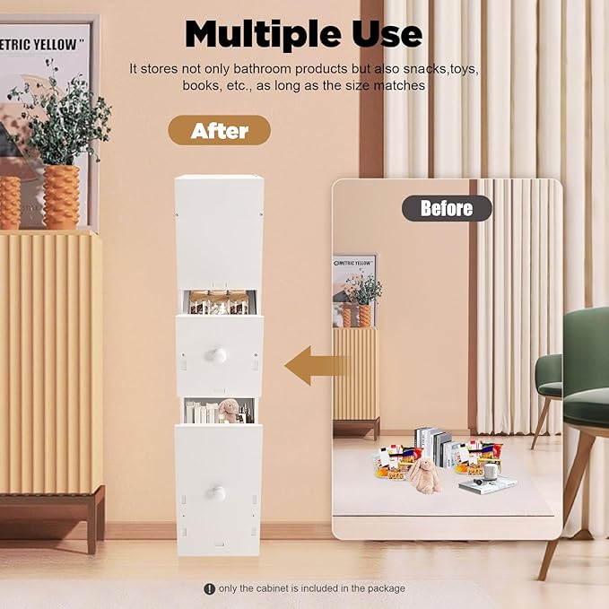 Slim Bathroom Floor Cabinet, Narrow Bathroom Storage Cabinet Plastic Storage Drawers Free Standing Cabinet Rolling Toilet Paper Holder with Slide Out Drawers Thin Toilet Cabinet w/Wheel