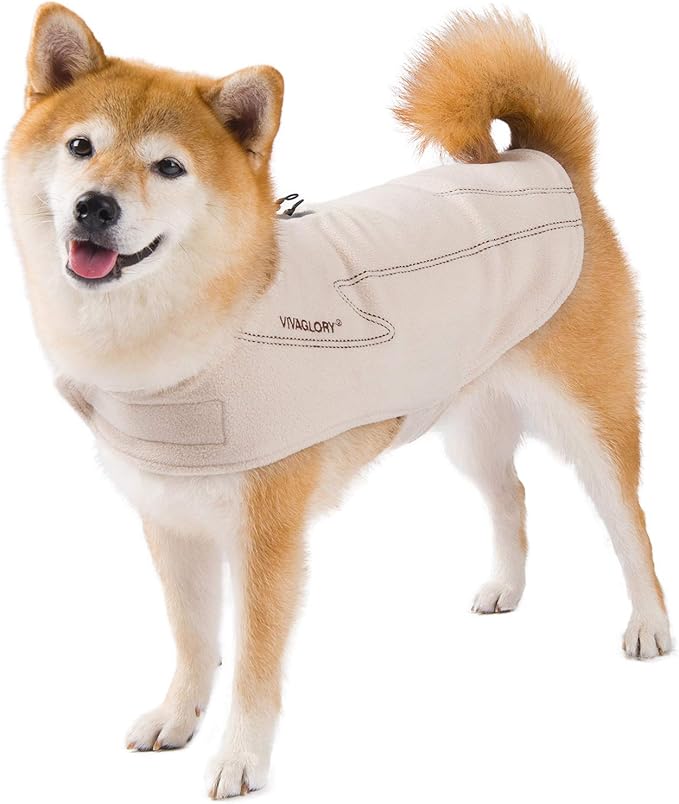 VIVAGLORY Dog Fleece Coat Warm Jacket with Hook and Loop Fastener, Easy to Take on and Off, Winter Vest Sweater for Small Medium Large Dogs Puppy Windproof Clothes for Cold Weather, Beige, S