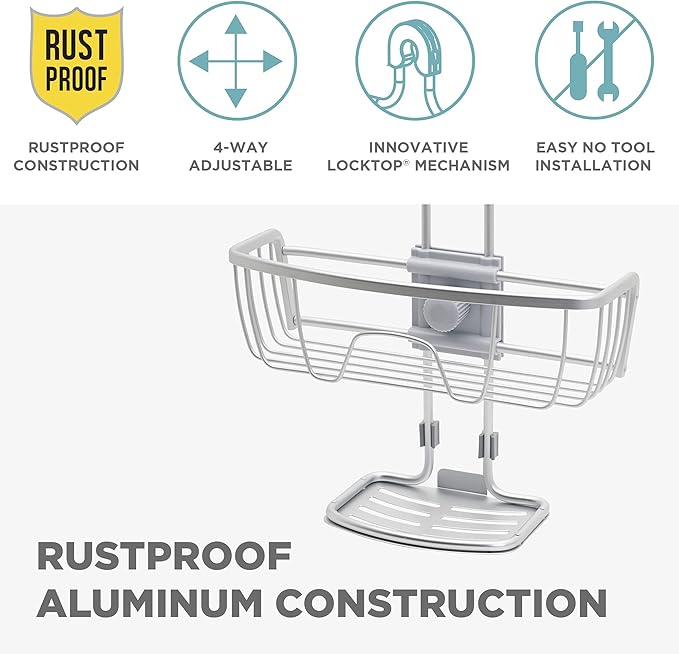 Zenna Home NeverRust Shower Caddy Hanging Bathroom Organizer, Aluminum Shower Rack with 2 Adjustable Shelves and Built in Hooks, Over Shower Head Storage System, Satin Chrome
