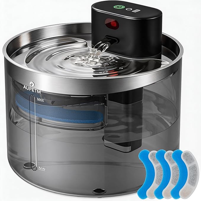 Battery Operated Cat Water Fountain, Wireless Automatic Water Dispenser for Cats & Dogs, 3L/101oz Cordless Pet Water Bowl Fountains with Stainless Steel Tray & Quiet 6-Stage Filter System