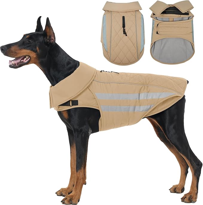 IECOii Dog Coat for Winter - Waterproof Cold Weather Coats Windproof, Adjustable Large Dogs Snow Vest Reflective Thermal Jacket for Camping, Climbing, Jogging, Khaki, Sizes XXXL