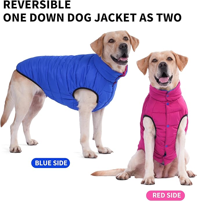 LovinPet Reversible Dog Puffer Coat for Medium & Large Dogs, Down‑Insulated Winter Jacket, Water‑Resistant & Wind‑Resistant, Anti‑Static, Dual-Sided Blue & Red for Cold Weather, 3XL