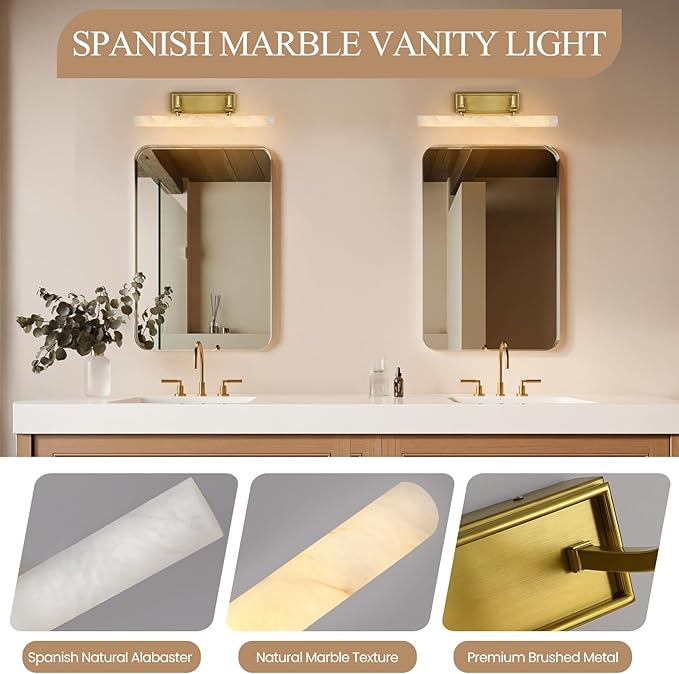 Alabaster Vanity Lights, 20in Marble Bathroom Vanity Sconces, Modern Wall Picture Lights Hardwired, Dimmable Brush Gold Art Light, Brass Picture Frame Light for Artwork Poster Library Photo Display