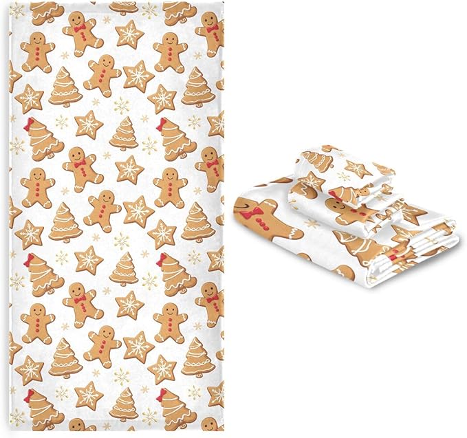 Pfrewn Gingerbread Man Towels Set of 3 Christmas Winter Bathroom Towel Soft Absorbent Bath Hand Towels Washcloth Guest Towel Sets Xmas Holiday Bathroom Decorations