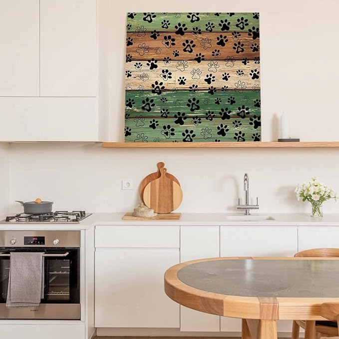Framed Canvas Wall Art for Living Room Dog Paw Print Wall Decor, Retro Green Brown Wood Grain Aesthetic Paintings for Bedroom Office Kitchen Bathroom, Ready to Hang Artwork Wall Pictures 8x8 Inch