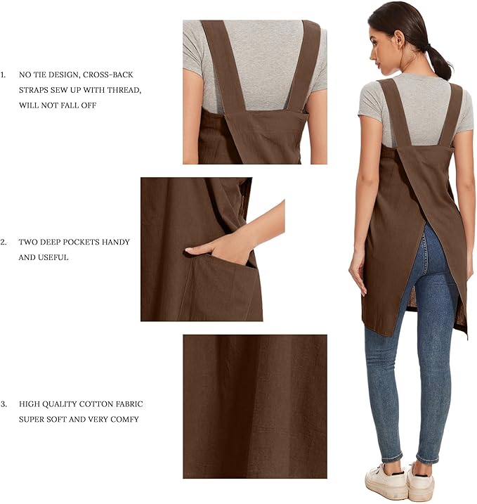Women Apron with 2 Pockets Cotton Linen Kitchen Baking Cooking Chef Cross Back Pinafore Dress