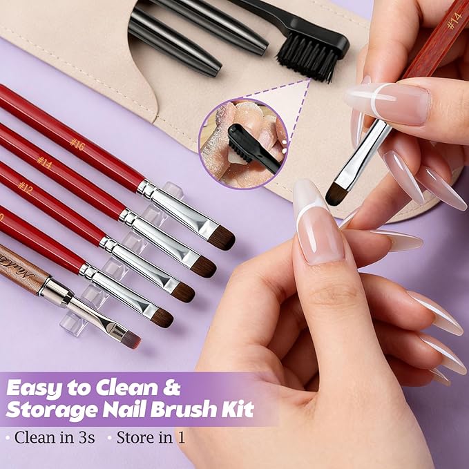 Gel Nail Art Brushes Set: 7Pcs Dense French Tip Brush With Liner Dotting Pen - Manicure Tools For Acrylic Builder Gel Polish Application Clean Up & Designs - Salon Home DIY Nail Artist