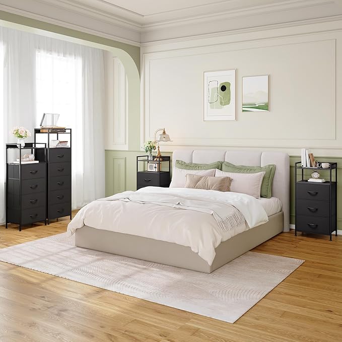 Somdot Tall Night Stand for Bedroom,Tall 5 Drawers Dresser, Vertical Storage Tower Unit, Nightstand Furniture with Fabric Drawer Organizer in Bedside Kids Dorm Room Closet Laundry Entryway,Black