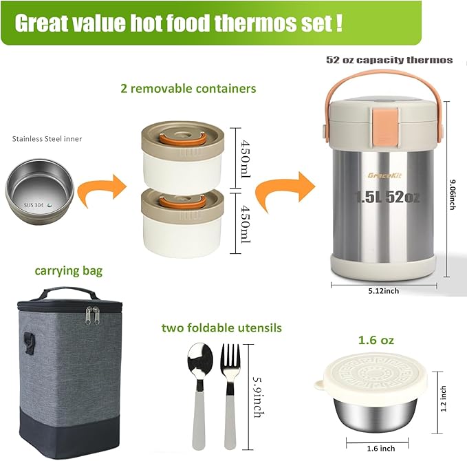 52 oz Hot Food Thermo, Insulated Food Container,7.8In 2 Layer Insulated Lunch Box Kit Stainless Steel Vacuum Soup Food Thermo Stackable Hot Food Jar Bento Box for Men, Women