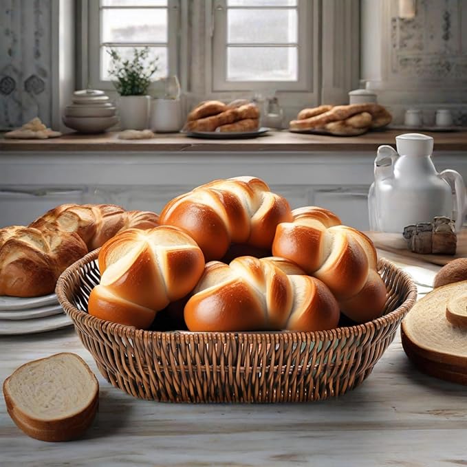 3 Pack Wicker Bread Basket, 11 Inch Woven Oval Food Baskets for Serving, Tabletop Stackable Pantry Organizer Bin for Home Kitchen, Restaurant, Bakery, Fruit Vegetable Storage, Brown