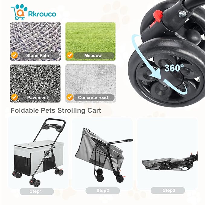 Foldable Pet Stroller for Small Medium Cat Dogs Portable Pets Carriers Strollers with 4 Wheels Up to 55Lbs Puppy Strolling Cart Travel (Gray)