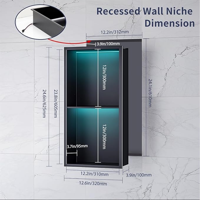 Stainless Steel Shower Niche 12" x 24", No Tile Needed Recessed Wall Niche with RGB Light, Bathroom Niche for Shower wall Insert Installation (Matte Black)