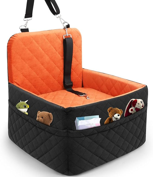 Dog Car Seat for Small/Medium Dogs,Pet Dog Booster Car Seat Puppy 15-35 lbs with Soft 4+2in Detachable Pads Detachable Elevated Cushion and Washable Cover Brown