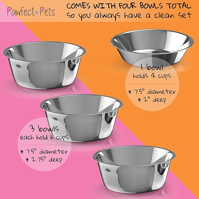 Adjustable Height Elevated Dog Bowls for Large Dogs- 12”, 14”, or 16” Tall with Four Stainless Steel Dog Bowls by Pawfect Pets