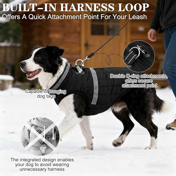 EXPAWLORER Dog Winter Coat Jacket, Thick Warm Waterproof Reflective Puppy Snowsuit With Harness Buit In, Pet Fleece Vest Soft Turtleneck With Zipper Cold Weather For Small Medium Large Dogs - Black, M