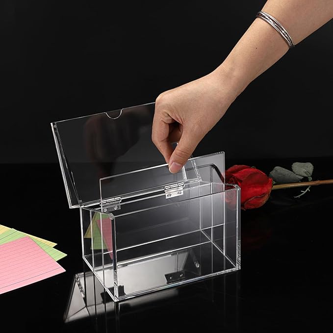 BTSKY Clear Acrylic 4 x 6 inch Index Card Box with Sign Lid & Removable Inserts, Divided 3-Compartment Index Card Holder Notecard Box Photo Storage Organizer for Filling Note Cards,Flashcards, Recipes