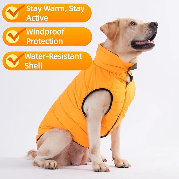 LovinPet Reversible Dog Puffer Coat for Medium & Large Dogs, Down‑Insulated Winter Jacket, Water‑Resistant & Wind‑Resistant, Anti‑Static, Dual-Sided Orange & Grey for Cold Weather,L