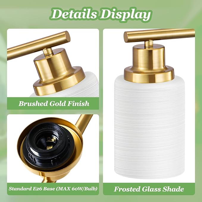4-Light Vanity Lights, Brushed Gold Bathroom Light Fixture with Striped Textured Milky White Glass Shade, Modern Vanity Lighting Fixture for Bathroom Wall Light Over Mirror, E26 Wall Sconce