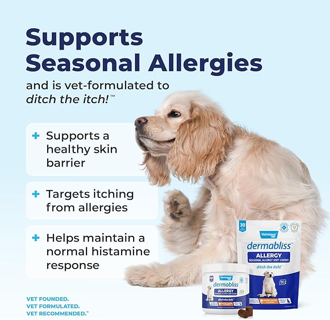 Vetnique Dermabliss Dog Allergy Relief & Immune Support Supplement Allergy Chews for Dogs Itching and Licking with Omega 3 Fish Oil & Probiotics for Itch Relief - Vet Recommended (30 Count Chews)