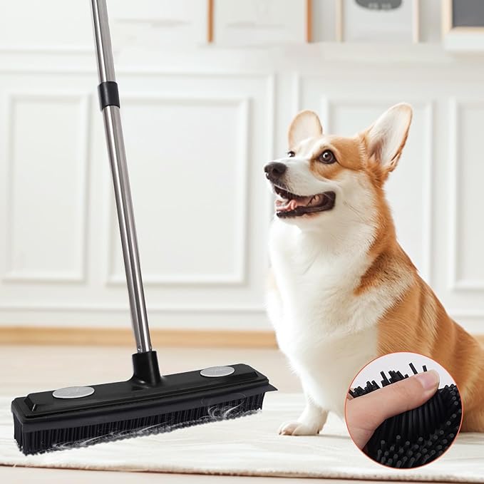Pet Hair Remover Carpet Rake X 2 Reusable Rubber Broom with Squeegee for Sweeping Pet Hair Removal Tool 59" Long Handle Cat and Dog Hair Remover for Rugs, Carpet, Hardwood Floor, Tile