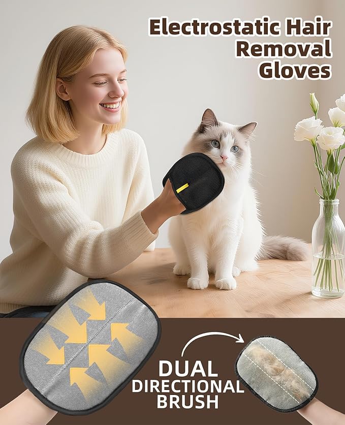 Pet Hair Removal Gloves, Upgraded Pet Hair Grooming Brush for Cats & Dogs, Reusable Electrostatic Pet Hair Remover Tool for Animal Fur, Furniture, Clothing, Carpets, Curtains (Black-3pcs)