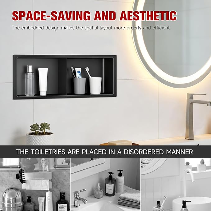 No Tile Needed Shower Niche 9"X 25", Bathroom Wall Niche Double Shelves, Stainless Steel Shower Niche for Bathroom, Kitchens, Balconies