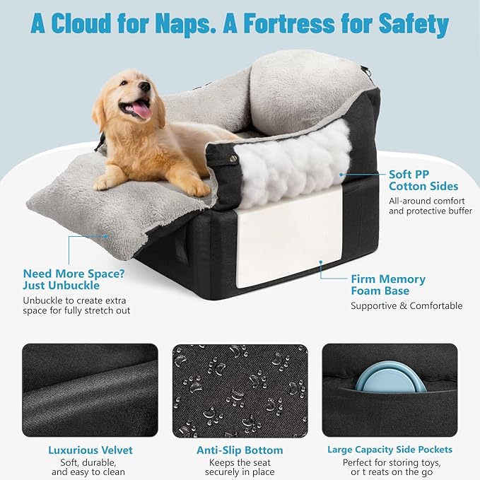 EASTBLUE Dog Car Seat for Small Medium Dogs Up to 35 lbs, 2 Memory Foam Pads Dog Booster Car Seat with Seat Belt, Washable Pet Carseat for Puppy & Cat, Dogs Travel Bed for Cars (Black/Grey-Fleece)