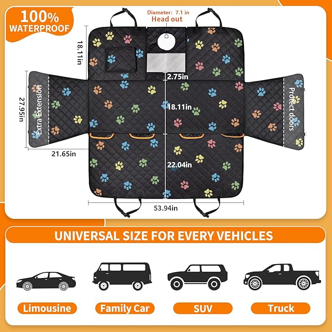 Large Dog Car Seat Cover for Back Seat 100% Waterproof Durable 600D 6-Layer Scratchproof Nonslip with Mesh Window for Dog Hammock for Car Trucks SUV