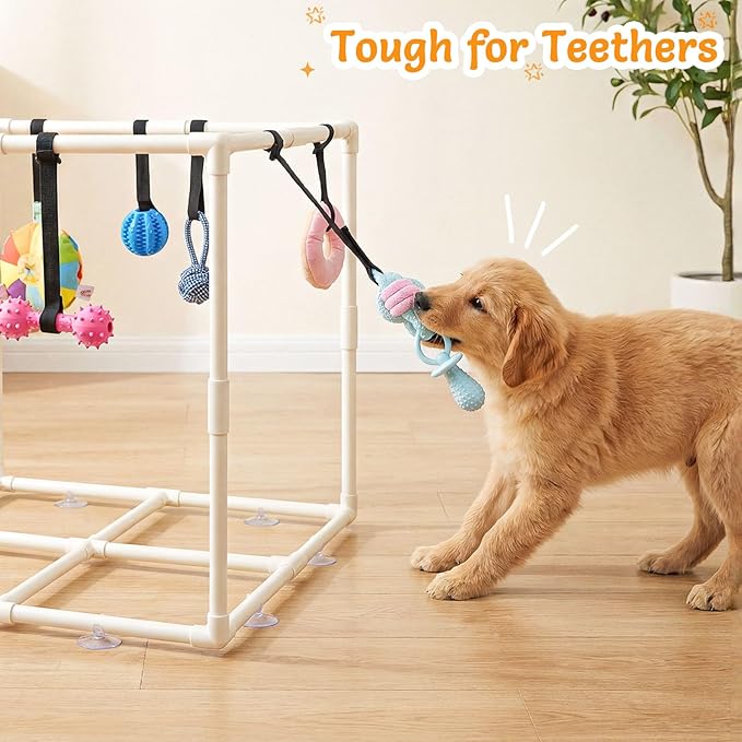 Puppy Play Gym with 15 Puppy Toys, Indoor Jungle Gym with Puppy chewingToys for Teething & Mental Stimulation, 23.2" Small Dog Play PVC Frame with Straps and Storage Bag