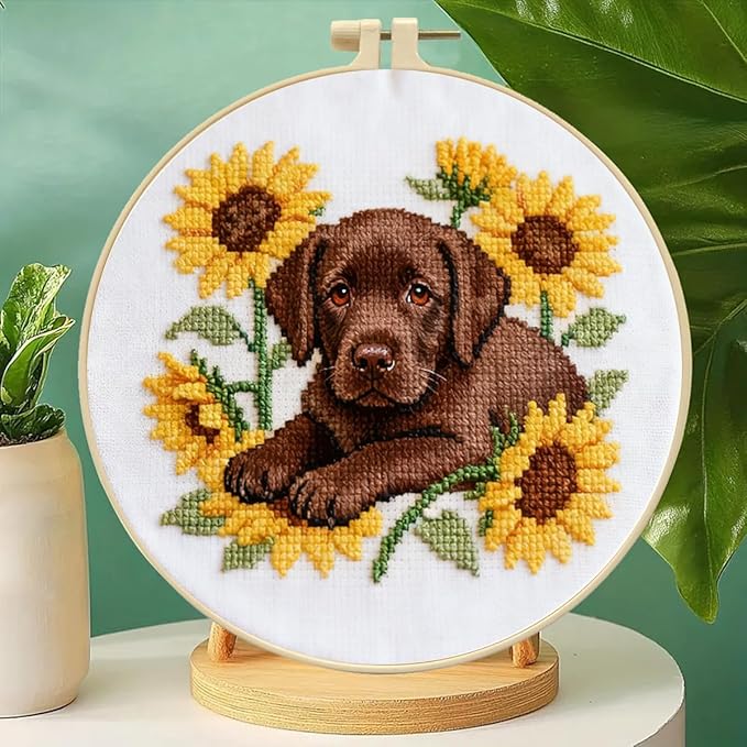 Zhenqing Labrador Dog Cross Stitch Kit for Beginners, 11CT Printed White Cotton Fabric 24x24cm with 20cm Hoop, Sunflower & Puppy Embroidery Set with Threads & Instructions(70788)