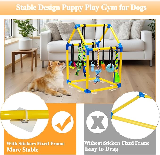 Puppy Play Gym with 8 Hanging Toys, Jungle Gym for Small Dogs & Puppies Indoor Enrichment Playground Interactive Training Activity Center for Teething Chewing,Entertainment Roof Shape
