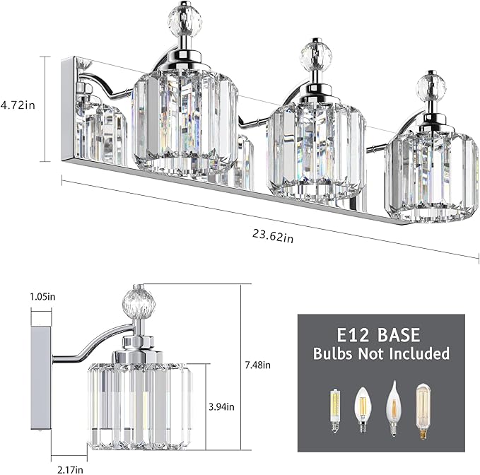 3-Light Bathroom Vanity Light - Crystal Bathroom Lighting Fixtures Over Mirror with 60w(Max) E12 Base, 42pcs Crystal Sheet, Chrome Vanity Lights for Bath Room