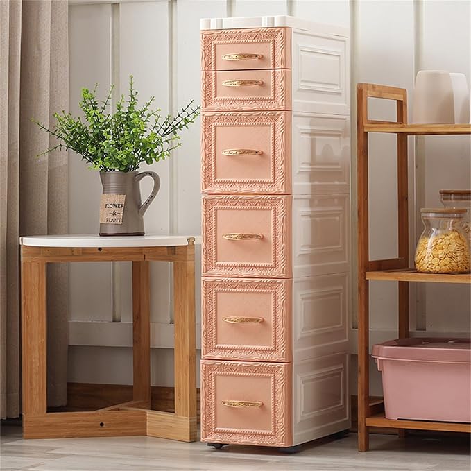 6 Drawers Narrow Plastic Bathroom Storage Cabinet with Wheels Slim Storage Organizer Vertical Storage Tower Container for Small Spaces, Bedroom, Bathroom, Laundry, Closet, Khaki