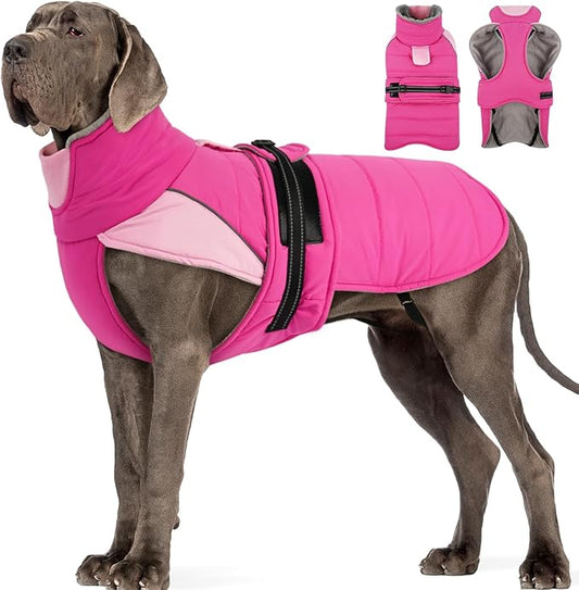 MIGOHI Thermal Large Dog Fleece Jacket - Rainproof Coat for Large Dogs, Thick Dog Winter Coat,Snow Jacket for Dogs Windproof for Hunting Camping,Windy Chilly Days,Doberman,Great Dane,3XL,Rosepink