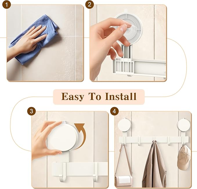 Coat Rack Walls Mount with 5 Hooks, Strong Suction Cup Hooks, Towel Rack No Drill Without Damage Wall Hanging Organizer for Bathrooms, Closets, Kitchen, Entryway(2 Pack, White)