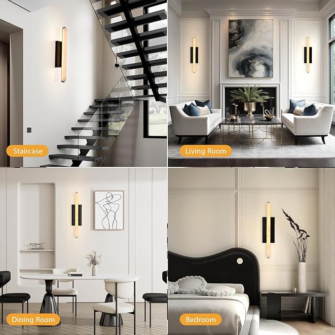 Alabaster Wall Sconces Set of Two, 25" Black Alabaster Sconce, Spanish Natural Marble Bathroom Vanity Sconces, Rectangle Modern Sconces Lighting for Bedroom Living Room Staircases Hallway