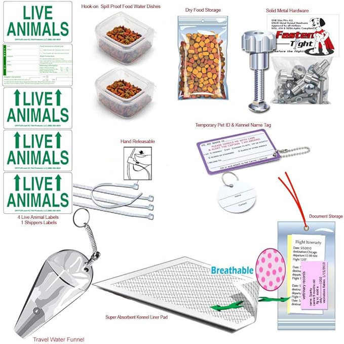 Complete - SM Deluxe Pet Airline Travel Kit- Includes Pad, Dishes, Live Animal Labels, Water Funnel, Metal Nut Bolts, Name tag, Travel Document Holder