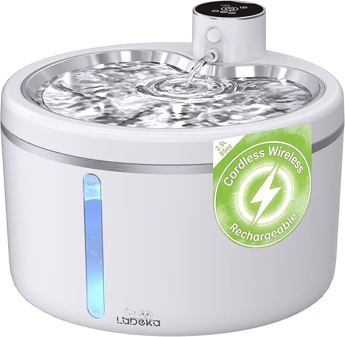 Wireless Cat Water Fountain with Stainless Steel Tray, 102oz/3L Pet Water Fountain for Cats Inside, Cat Fountain for Drinking with Motion Sensor, Ultra Quiet Pump, Cats & Dogs Gifts -2Filters